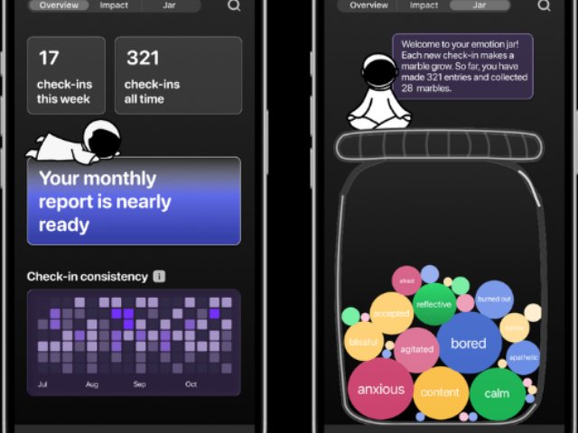 Screens aus Ember: Check-in-Übersicht und Emotionsglas